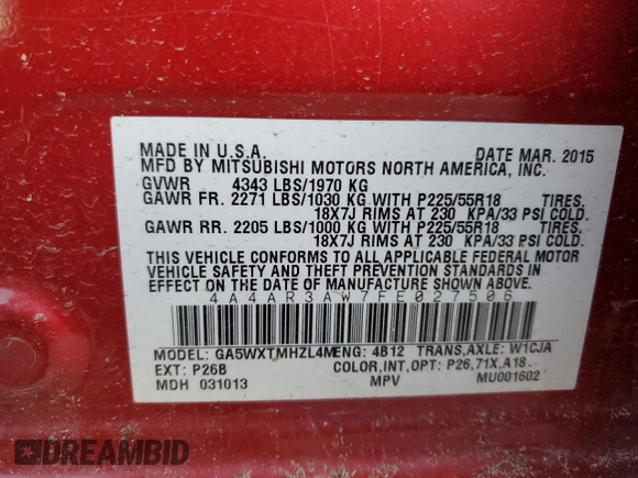 2015 Mitsubishi Outlander Sport 2.4 ES with VIN 4A4AR3AW7FE027506, listed as a Copart auction lot 82420494 with 145,445 mi miles and Salvage Title. Bid and sale history available at carsss.com. Image 13.