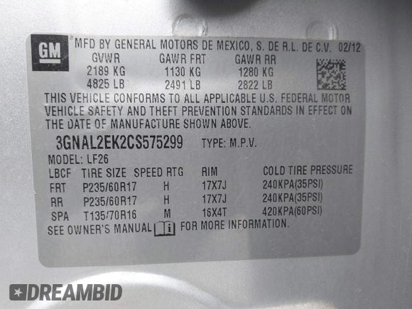 2012 Chevrolet Captiva Sport LS with VIN 3GNAL2EK2CS575299, listed as a IAAI auction lot 42109079 with 137,474 mi miles and . Bid and sale history available at DreamBid. Image 9.