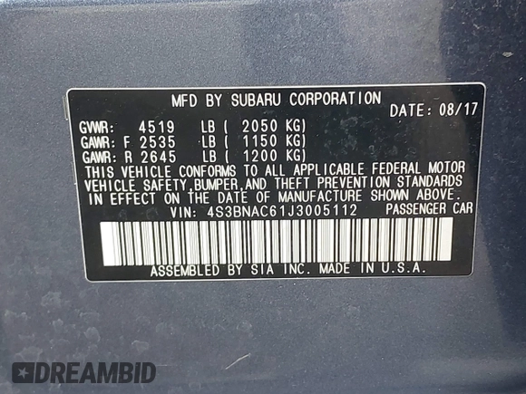 2018 Subaru Legacy Premium with VIN 4S3BNAC61J3005112, listed as a IAAI auction lot 42802304 with 115,672 mi miles and . Bid and sale history available at DreamBid. Image 9.