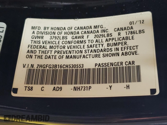 2012 Honda Civic Cpe EX-L with VIN 2HGFG3B16CH530553, listed as a Copart auction lot 47169475 with 122,737 mi miles and Clean Title. Bid and sale history available at carsss.com. Image 12.
