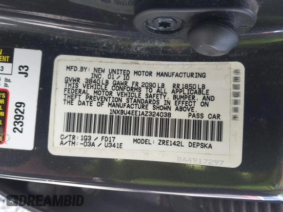 2010 Toyota Corolla with VIN 1NXBU4EE1AZ324038, listed as a IAAI auction lot 42488922 with 141,822 mi miles and . Bid and sale history available at DreamBid. Image 9.