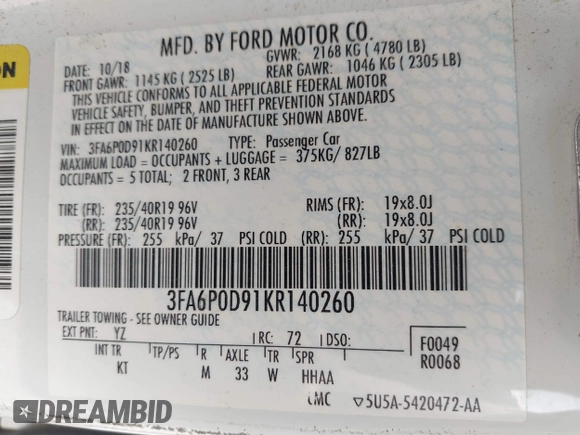 2019 Ford Fusion Titanium with VIN 3FA6P0D91KR140260, listed as a IAAI auction lot 41931629 with 95,207 mi miles. Bid and sale history available at carsss.com. Image 9.