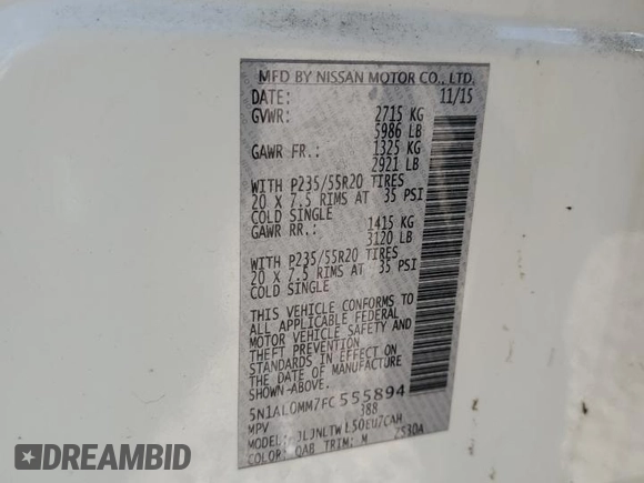 2015 Infiniti QX60 with VIN 5N1AL0MM7FC555894, listed as a Copart auction lot 58221965 with 181,024 mi miles and Clean title. Bid and sale history available at DreamBid. Image 13.