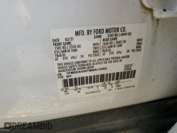 2021 Ford Police Interceptor Utility z VIN 1FM5K8AW7MNA13592, wystawiony jako Copart lot #54770705 z przebiegiem Nie podano mil oraz Tytuł czysty. Historia ofert i sprzedaży dostępna na DreamBid. Obrazek 13.