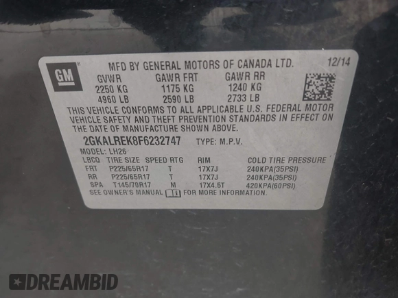 2015 GMC Terrain SLE with VIN 2GKALREK8F6232747, listed as a IAAI auction lot 41550073 with 156,061 mi miles. Bid and sale history available at carsss.com. Image 9.