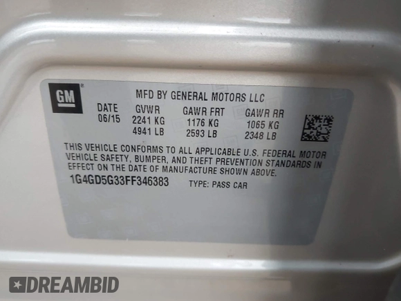 2015 Buick LaCrosse Premium I with VIN 1G4GD5G33FF346383, listed as a IAAI auction lot 42472360 with 204,688 mi miles and . Bid and sale history available at DreamBid. Image 9.