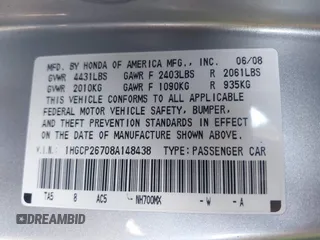 2008 Honda Accord EX with VIN 1HGCP26708A148438, listed as a IAAI auction lot 41987478 with 142,529 mi miles and . Bid and sale history available at DreamBid. Image 9.