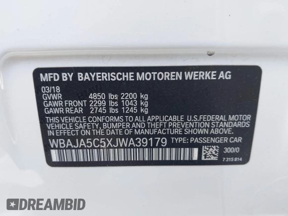 2018 BMW 5 Series 530i with VIN WBAJA5C5XJWA39179, listed as a IAAI auction lot 42380945 with 76,410 mi miles and . Bid and sale history available at DreamBid. Image 9.