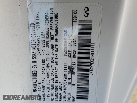 2017 Infiniti Q60 Premium with VIN JN1CV7EK2HM111111, listed as a Copart auction lot 44327985 with 83,511 mi miles and Salvage title. Bid and sale history available at DreamBid. Image 12.