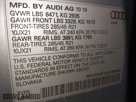 2020 Audi Q8 Prestige with VIN WA1CVAF12LD009942, listed as a IAAI auction lot 41924297 with 82,980 mi miles and . Bid and sale history available at DreamBid. Image 9.