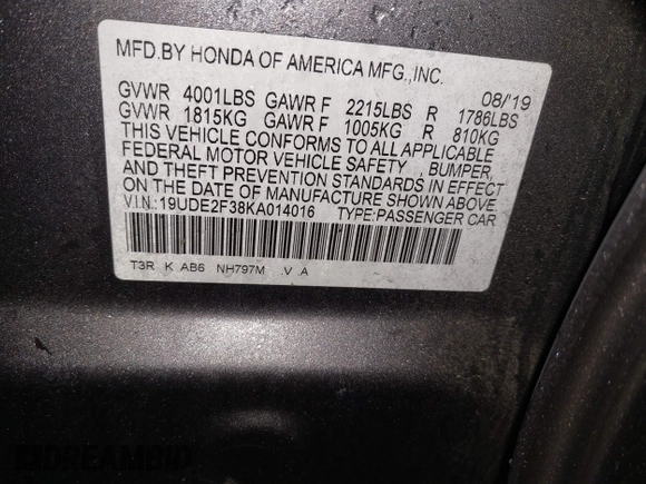 2019 Acura ILX with VIN 19UDE2F38KA014016, listed as a IAAI auction lot 42280726 with 66,303 mi miles and . Bid and sale history available at DreamBid. Image 9.