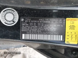 2006 BMW 7 Series 750i with VIN WBAHL83526DT06390, listed as a IAAI auction lot 42246688 with 123,962 mi miles and . Bid and sale history available at DreamBid. Image 9.