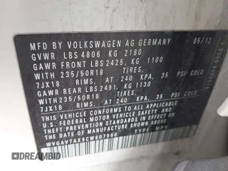 2012 Volkswagen Tiguan SE with VIN WVGAV7AX9CW607960, listed as a IAAI auction lot 42679977 with 106,335 mi miles and . Bid and sale history available at DreamBid. Image 9.