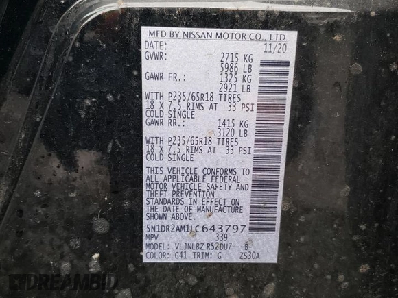 2020 Nissan Pathfinder S with VIN 5N1DR2AM1LC643797, listed as a Copart auction lot 57568435 with 99,852 mi miles and Salvage title. Bid and sale history available at DreamBid. Image 13.