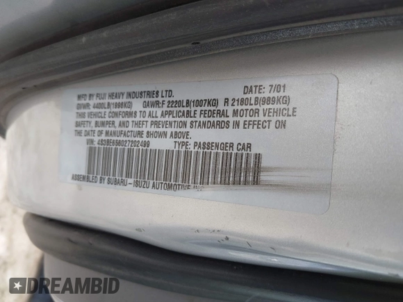 2002 Subaru Legacy GT Limited with VIN 4S3BE656027202499, listed as a IAAI auction lot 41407850 with 173,999 mi miles and . Bid and sale history available at DreamBid. Image 9.