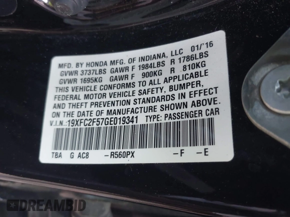 2016 Honda Civic Sedan LX with VIN 19XFC2F57GE019341, listed as a IAAI auction lot 42054403 with 136,768 mi miles. Bid and sale history available at carsss.com. Image 9.
