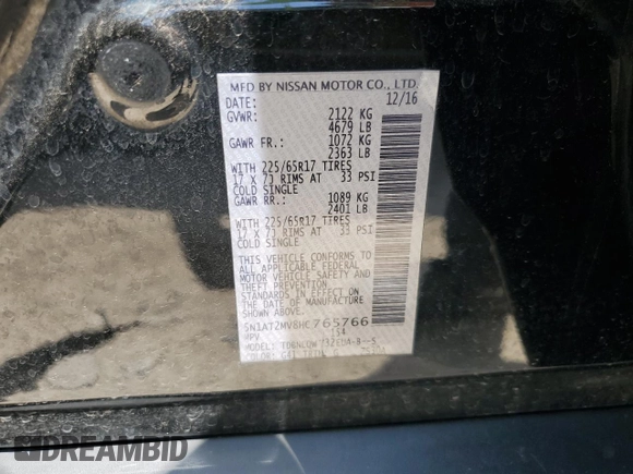 2017 Nissan Rogue SV with VIN 5N1AT2MV8HC765766, listed as a Copart auction lot 60306725 with 116,530 mi miles and Clean title. Bid and sale history available at DreamBid. Image 14.