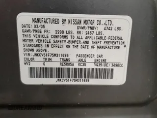 2005 Infiniti G35 with VIN JNKCV51F75M311695, listed as a Copart auction lot 53190435 with 158,464 mi miles and Clean Title. Bid and sale history available at carsss.com. Image 13.