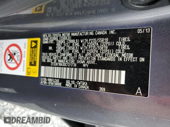 2013 Lexus RX 350 with VIN 2T2ZK1BA3DC121738, listed as a Copart auction lot 43730285 with 165,522 mi miles and Salvage Title. Bid and sale history available at DreamBid. Image 14.