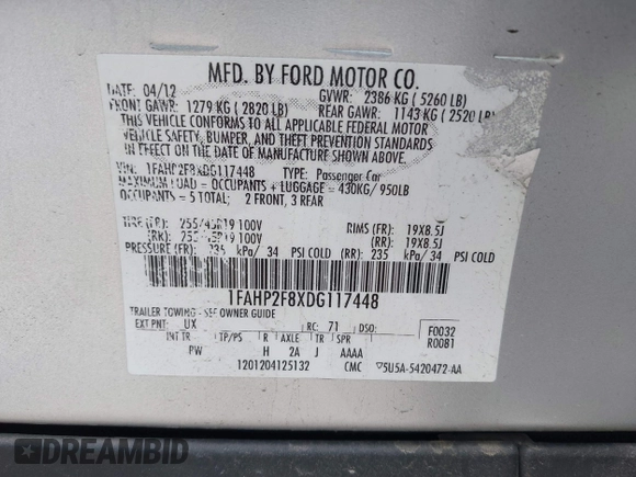 2013 Ford Taurus Limited with VIN 1FAHP2F8XDG117448, listed as a IAAI auction lot 39585596 with 150,747 mi miles and . Bid and sale history available at DreamBid. Image 9.