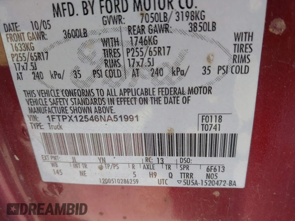 2006 Ford F-150 XLT с VIN 1FTPX12546NA51991, выставлен на аукционе IAAI как лот 41748882 с пробегом 144 313 миль миль и . История ставок и продаж доступна на DreamBid. Изображение 9.