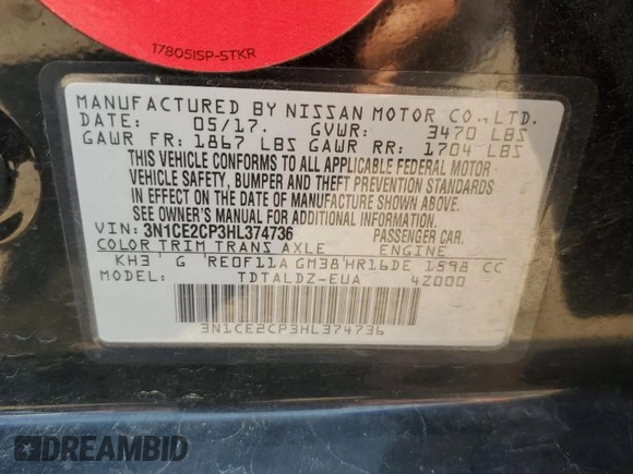 2017 Nissan Note S Plus with VIN 3N1CE2CP3HL374736, listed as a Copart auction lot 60440935 with 74,347 mi miles and Salvage title. Bid and sale history available at DreamBid. Image 13.