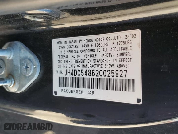 2002 Acura RSX Auto with VIN JH4DC54862C025927, listed as a Copart auction lot 52763365 with 183,885 mi miles and Non Repairable. Bid and sale history available at carsss.com. Image 12.