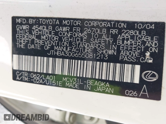 2005 Lexus ES 350 with VIN JTHBA30G655081213, listed as a IAAI auction lot 42203943 with 236,844 mi miles and . Bid and sale history available at DreamBid. Image 9.
