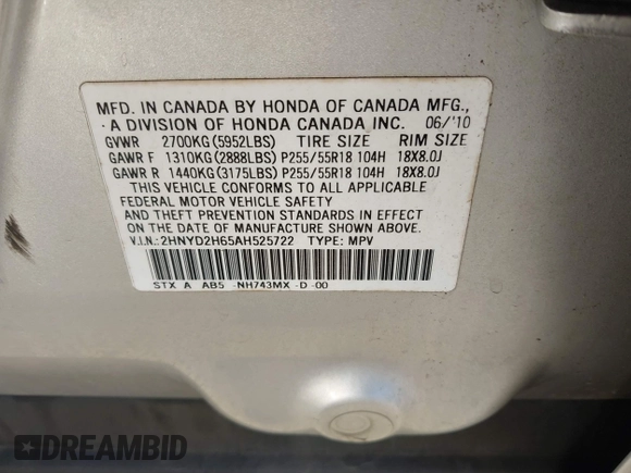 2010 Acura MDX Technology Pkg with VIN 2HNYD2H65AH525722, listed as a IAAI auction lot 41729833 with 166,778 mi miles. Bid and sale history available at carsss.com. Image 9.