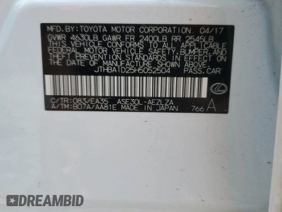2017 Lexus IS 200t with VIN JTHBA1D25H5052504, listed as a Copart auction lot 59294565 with Not provided miles and Salvage title. Bid and sale history available at DreamBid. Image 12.