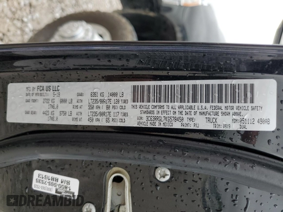 2019 Ram 3500 Tradesman with VIN 3C63RRGL7KG578450, listed as a Copart auction lot 62530884 with 158,060 mi miles and Salvage Title. Bid and sale history available at carsss.com. Image 12.