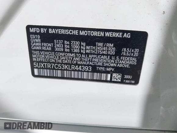 2019 BMW X3 sDrive30i z VIN 5UXTR7C53KLR44393, wystawiony jako IAAI lot #42225707 z przebiegiem 63 009 mil mil oraz . Historia ofert i sprzedaży dostępna na DreamBid. Obrazek 9.