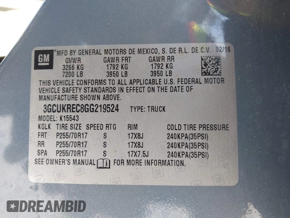 2016 Chevrolet Silverado 1500 LT with VIN 3GCUKREC8GG219524, listed as a IAAI auction lot 41087657 with 123,010 mi miles and . Bid and sale history available at DreamBid. Image 9.