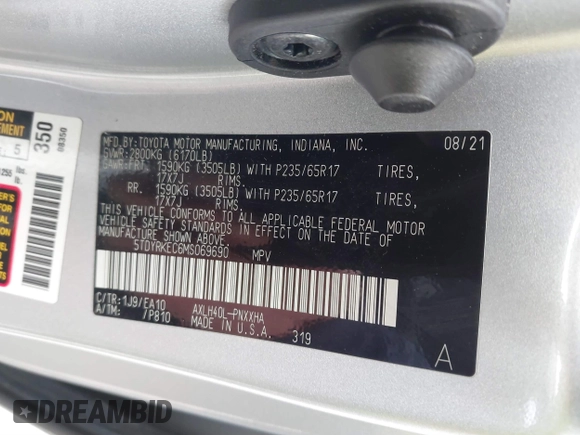 2021 Toyota Sienna XLE with VIN 5TDYRKEC6MS069690, listed as a IAAI auction lot 41841252 with 56,632 mi miles. Bid and sale history available at carsss.com. Image 9.