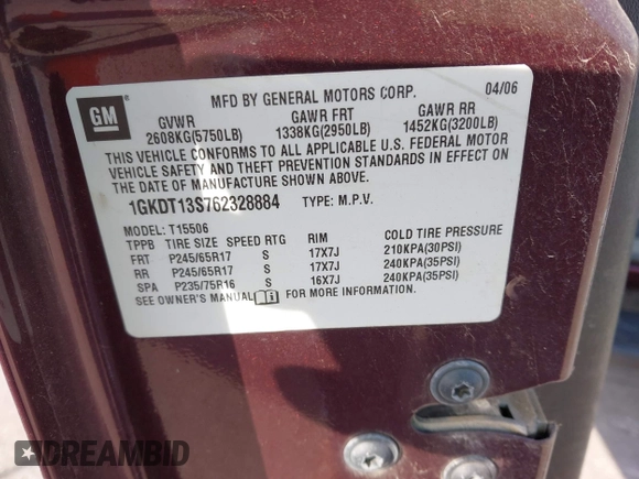 2006 GMC Envoy SLE z VIN 1GKDT13S762328884, wystawiony jako IAAI lot #41778198 z przebiegiem Nie podano mil oraz . Historia ofert i sprzedaży dostępna na DreamBid. Obrazek 9.