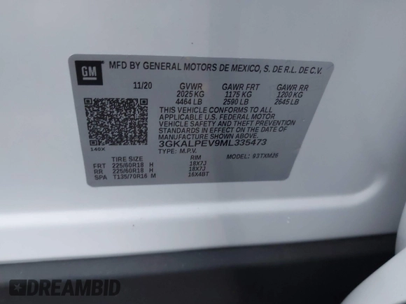 2021 GMC Terrain SLT with VIN 3GKALPEV9ML335473, listed as a IAAI auction lot 41065354 with 44,286 mi miles and . Bid and sale history available at DreamBid. Image 9.