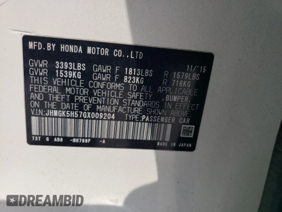 2016 Honda Fit LX with VIN JHMGK5H57GX009204, listed as a Copart auction lot 57129695 with 140,146 mi miles and Salvage title. Bid and sale history available at DreamBid. Image 13.