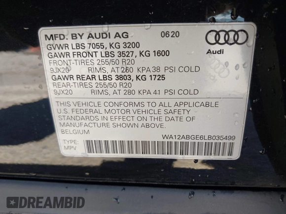 2020 Audi e-tron Sportback Premium Plus with VIN WA12ABGE6LB035499, listed as a IAAI auction lot 42496844 with 64,104 mi miles and . Bid and sale history available at DreamBid. Image 9.