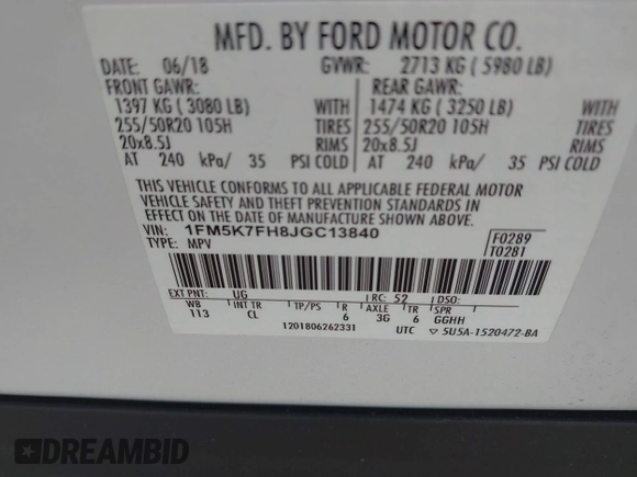 2018 Ford Explorer Limited с VIN 1FM5K7FH8JGC13840, выставлен на аукционе IAAI как лот 42148131 с пробегом 61 616 миль миль и . История ставок и продаж доступна на DreamBid. Изображение 9.