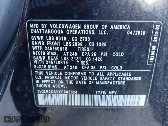 2019 Volkswagen Atlas SE with VIN 1V2LR2CAXKC566024, listed as a IAAI auction lot 41296531 with 106,175 mi miles and . Bid and sale history available at DreamBid. Image 9.
