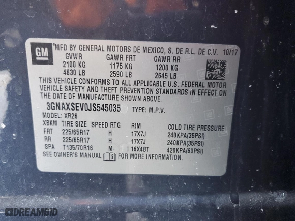 2018 Chevrolet Equinox LT with VIN 3GNAXSEV0JS545035, listed as a Copart auction lot 45667335 with 102,434 mi miles and Salvage Title. Bid and sale history available at carsss.com. Image 13.
