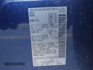 2020 Nissan Pathfinder SL with VIN 5N1DR2CN7LC594496, listed as a IAAI auction lot 41760341 with 108,006 mi miles. Bid and sale history available at carsss.com. Image 9.
