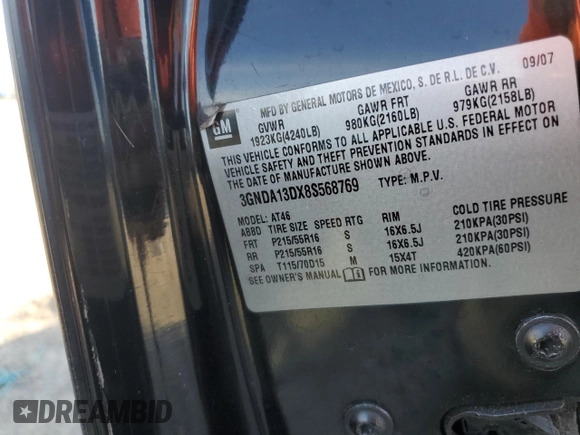 2008 Chevrolet HHR LS with VIN 3GNDA13DX8S568769, listed as a Copart auction lot 53960145 with 127,037 mi miles and Salvage Title. Bid and sale history available at DreamBid. Image 14.
