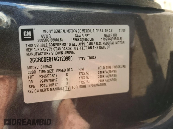 2010 Chevrolet Silverado 1500 LT with VIN 3GCRCSE01AG129980, listed as a Copart auction lot 86322124 with 183,089 mi miles and Salvage Title. Bid and sale history available at DreamBid. Image 12.