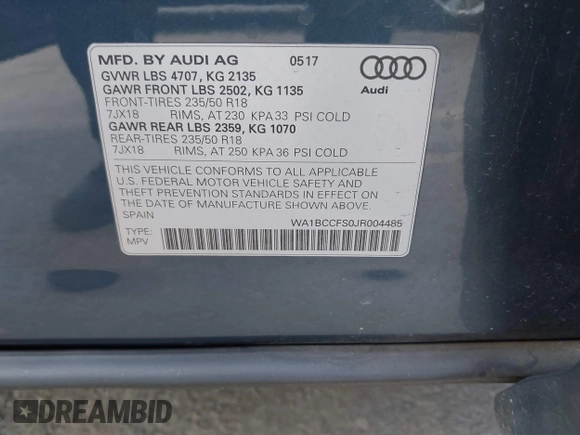 2018 Audi Q3 Premium with VIN WA1BCCFS0JR004485, listed as a IAAI auction lot 41944754 with 63,177 mi miles. Bid and sale history available at carsss.com. Image 9.