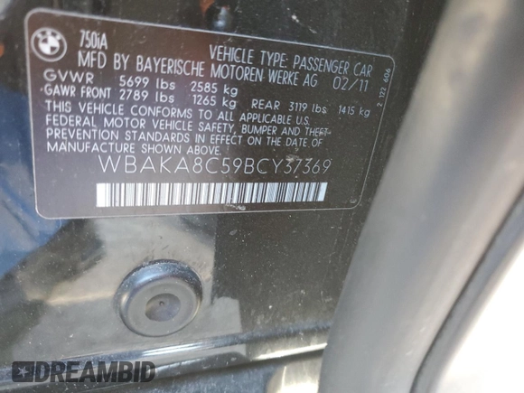 2011 BMW 7 Series 750i with VIN WBAKA8C59BCY37369, listed as a Copart auction lot 85466464 with 172,553 mi miles and Salvage title. Bid and sale history available at DreamBid. Image 12.