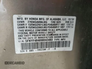 2009 Honda Pilot EX with VIN 5FNYF48489B043483, listed as a Copart auction lot 46344755 with 178,833 mi miles and Salvage Title. Bid and sale history available at DreamBid. Image 15.