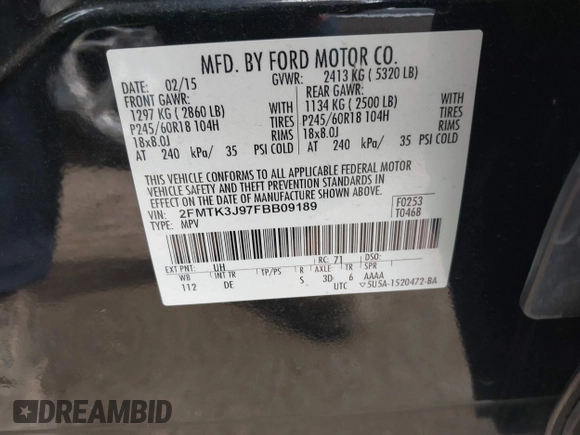 2015 Ford Edge SEL with VIN 2FMTK3J97FBB09189, listed as a IAAI auction lot 41627158 with 154,848 mi miles. Bid and sale history available at carsss.com. Image 9.