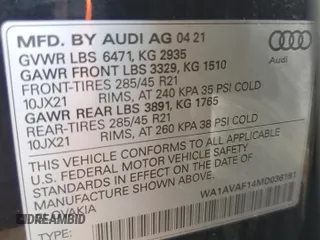 2021 Audi Q8 Premium z VIN WA1AVAF14MD036181, wystawiony jako Copart lot #58055543 z przebiegiem 20 312 mil mil oraz . Historia ofert i sprzedaży dostępna na DreamBid. Obrazek 12.