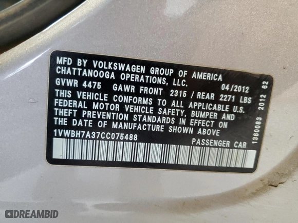 2012 Volkswagen Passat SE with VIN 1VWBH7A37CC075488, listed as a Copart auction lot 85963014 with 142,697 mi miles and Salvage Title. Bid and sale history available at carsss.com. Image 12.